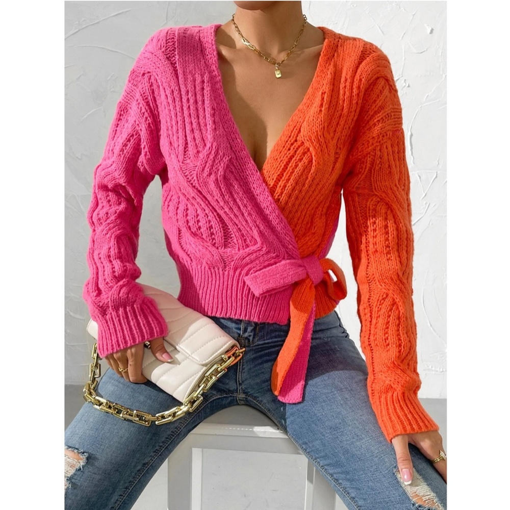 Cable Knit Wrap Cardigan Tie Side V-Neck Colorblock Pink Orange - Picture 5 of 9
